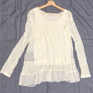 Light Cream Sheer Lace Ruffle Hem Women’s Tunic S